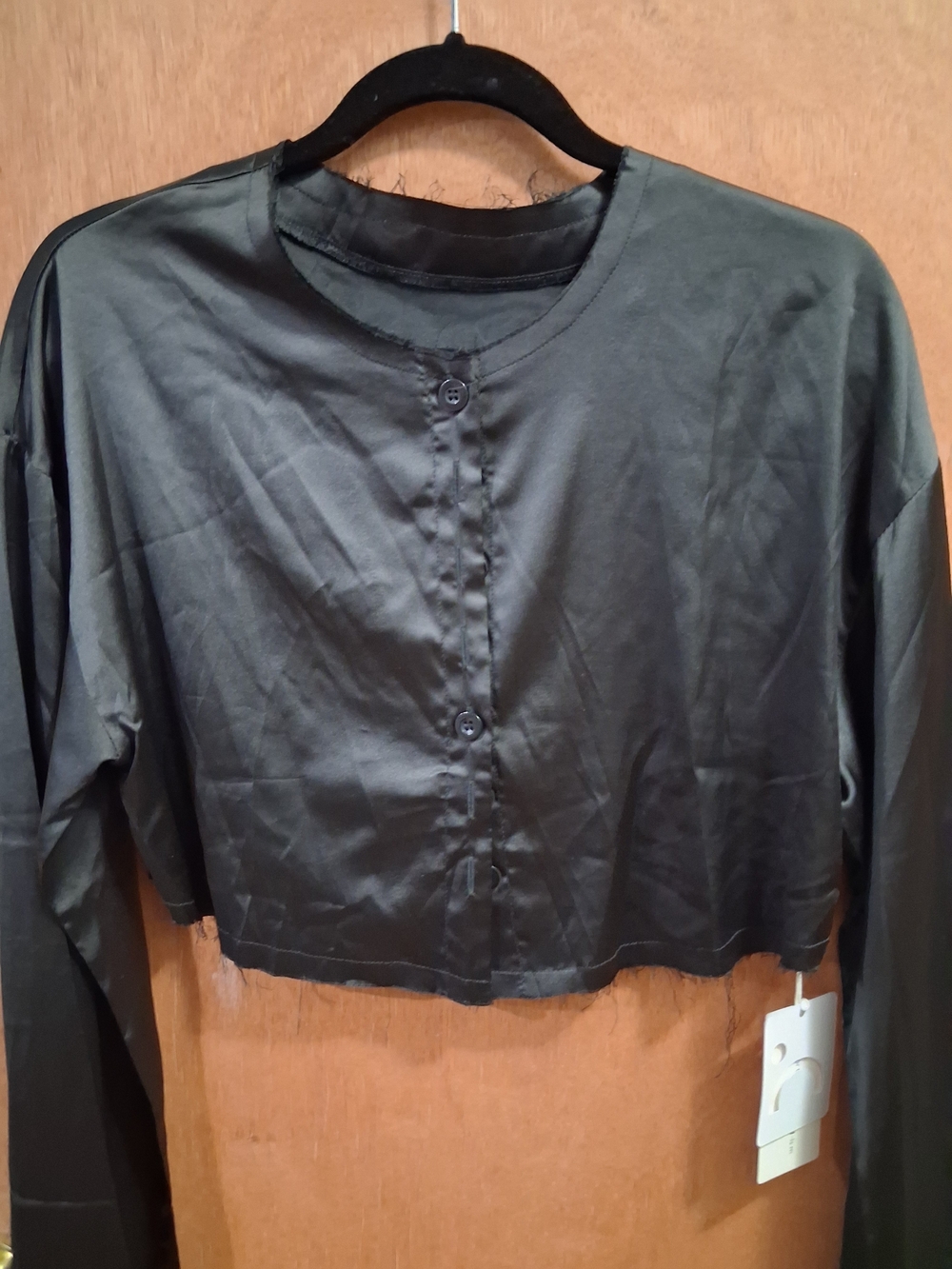 Commense Black Cropped Button-Down Long Sleeve Shirt Frilly Edges Trim